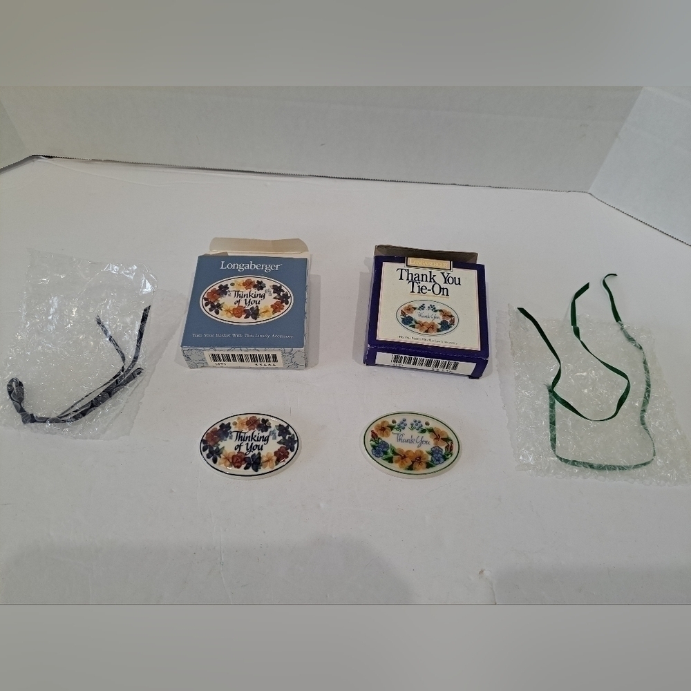 Longaberger Pottery Lot of 2 Tie On Tags Thank You Thinking of You In Boxes